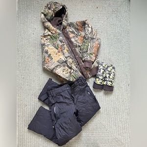 Cabela’s 3X Seclusion Camo Coat – bundled with snow pants and L.L. Bean mittens